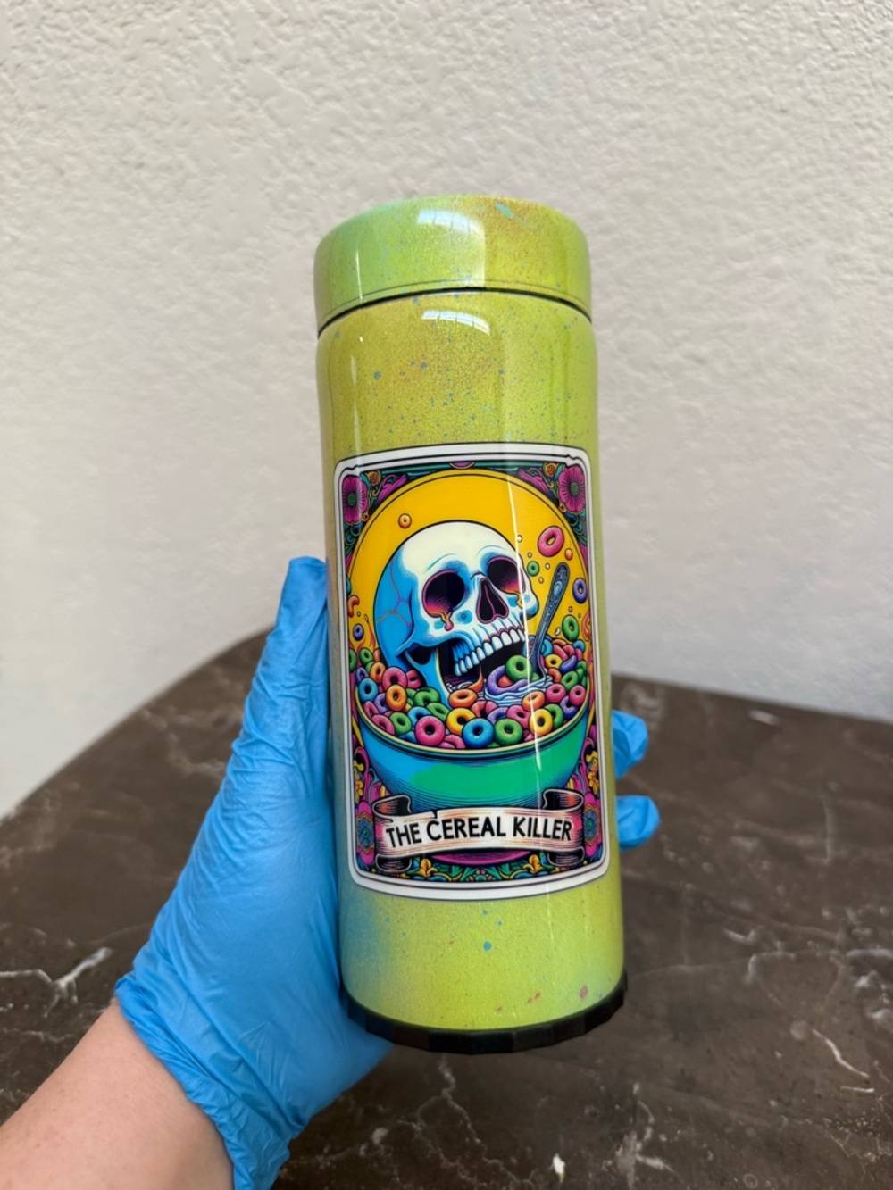 Cereal Killer Horror Skull Neon Green Splatter 12 oz Skinny Can Cooler Handmade